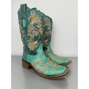 Corral Turquoise Lizard Skin Leather Cowboy Boots Womens 7.5 M Inlay Square Toe